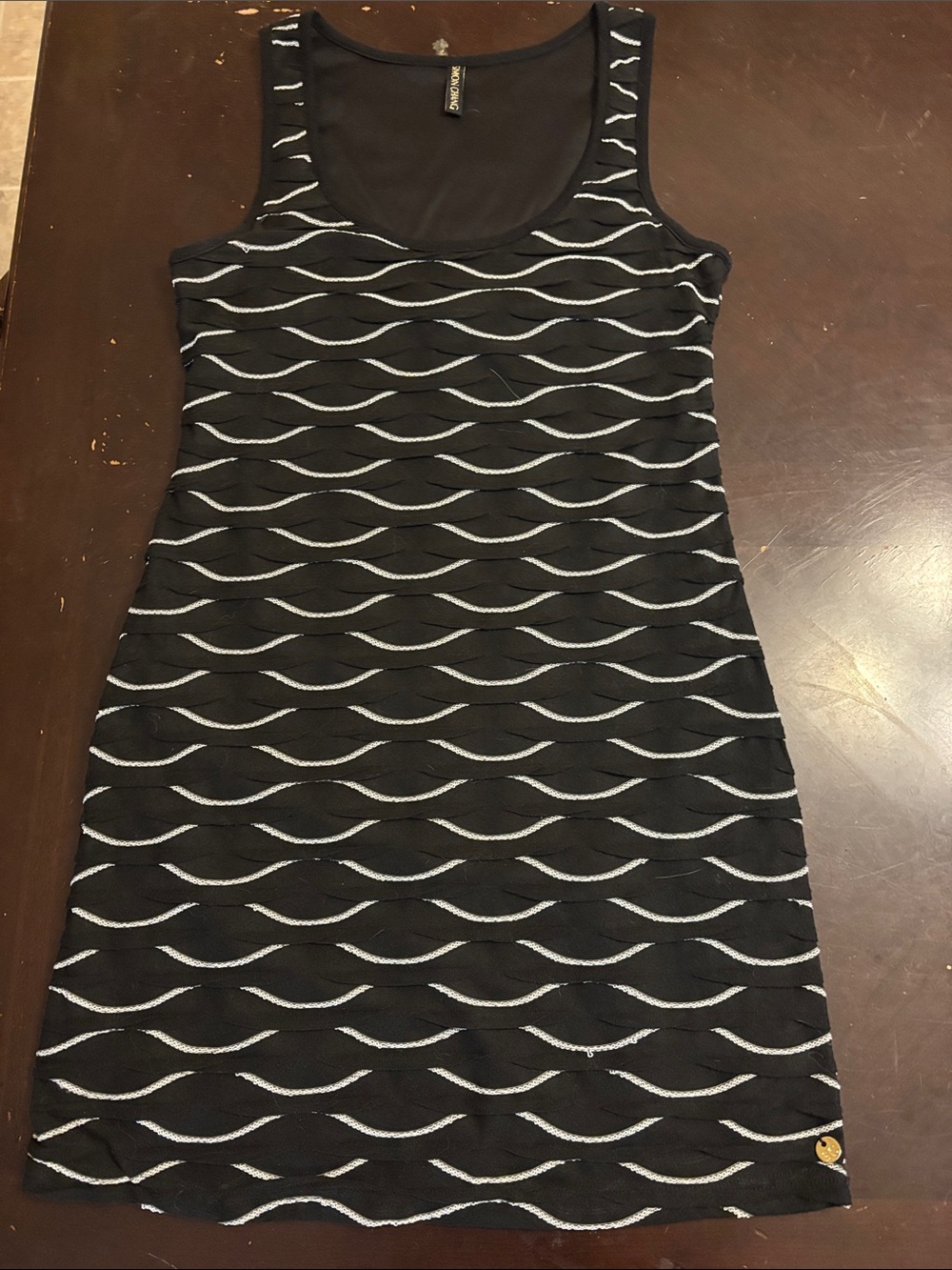 Simon Chang Black Mini Dress with Silver Wave Pattern